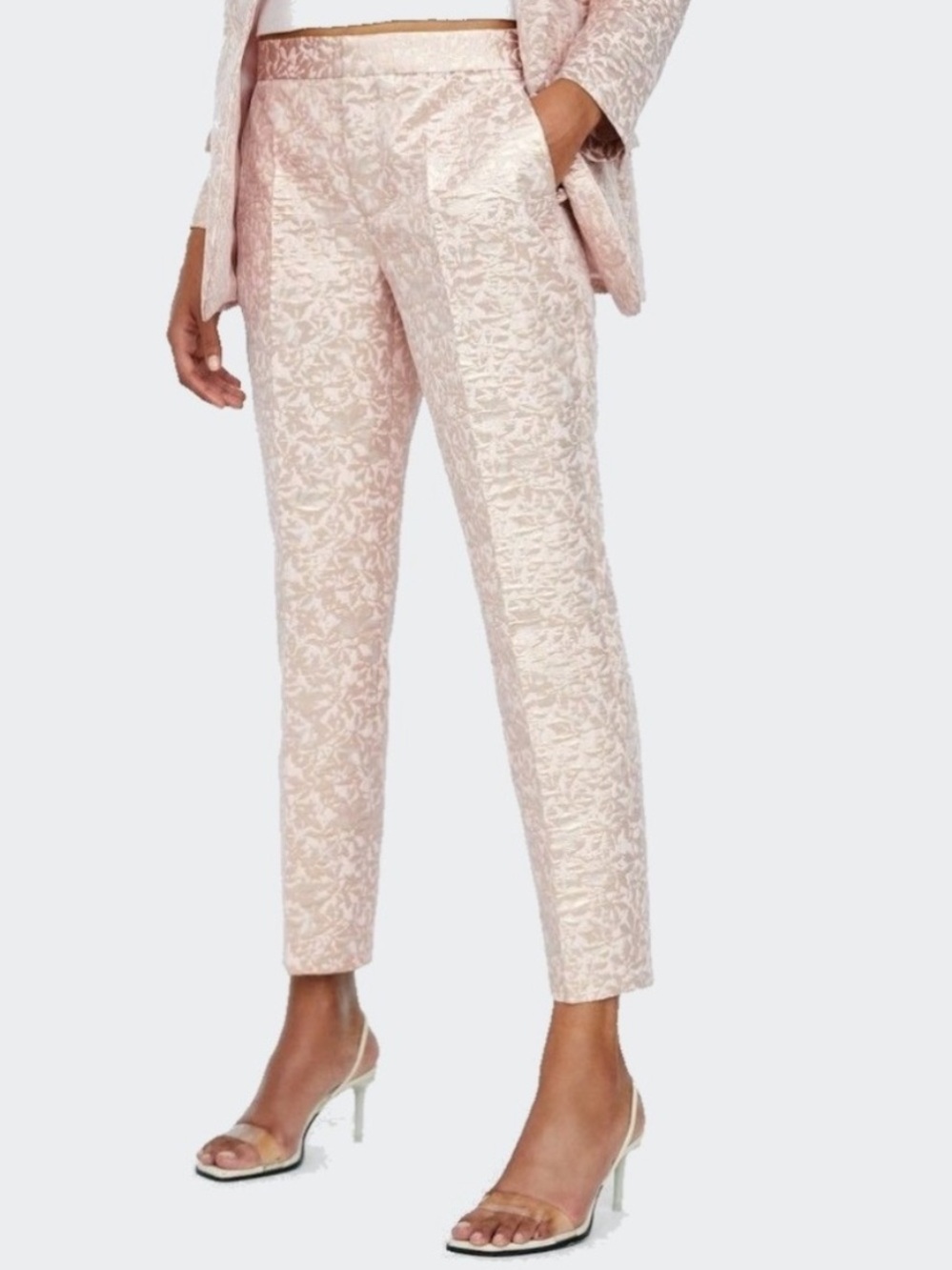 Zara Basic pink gold trousers pants cropped metallic medium embossed jacquard